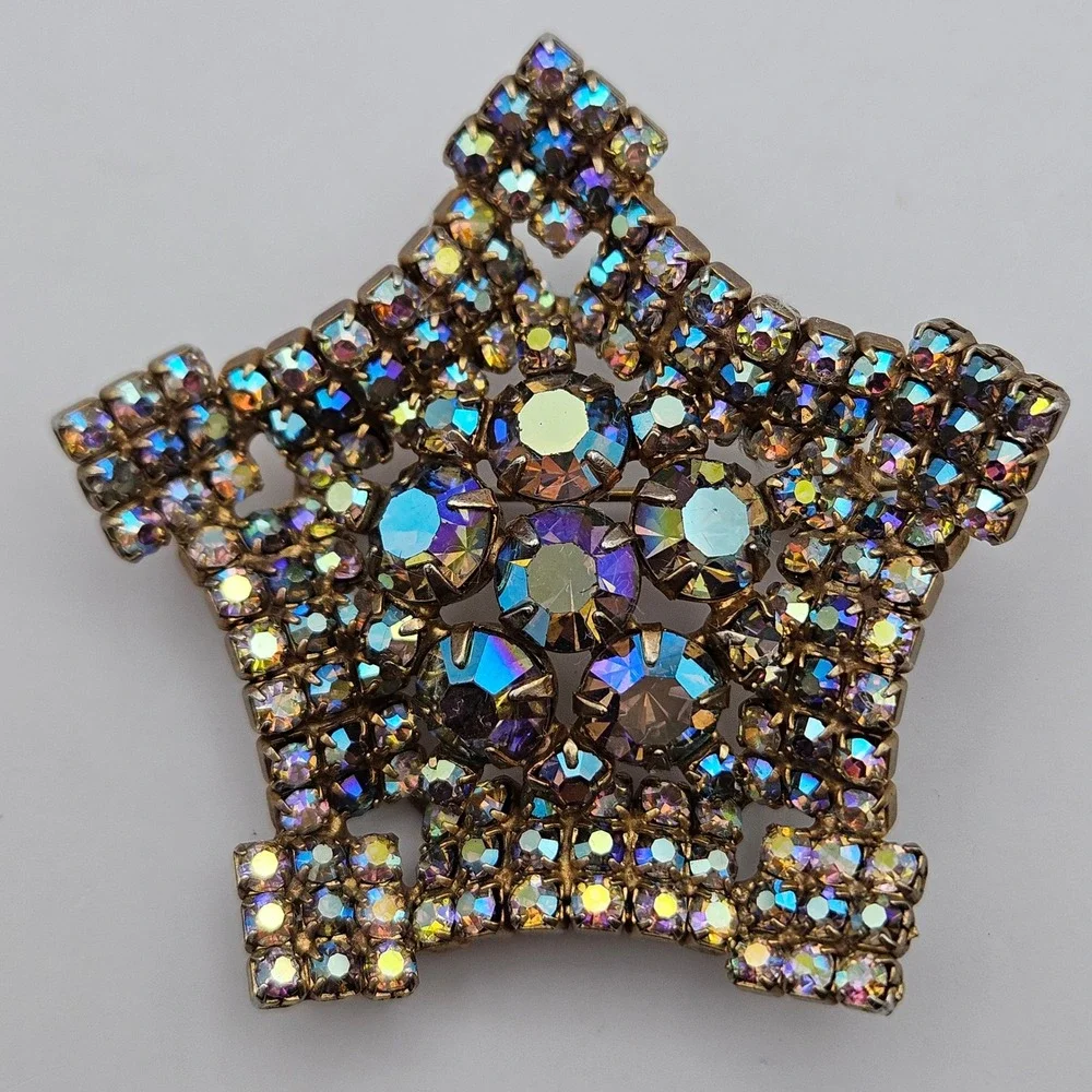Vintage Aurora Borealis Rhinestone Star Brooch Gold Tone MCM Blue